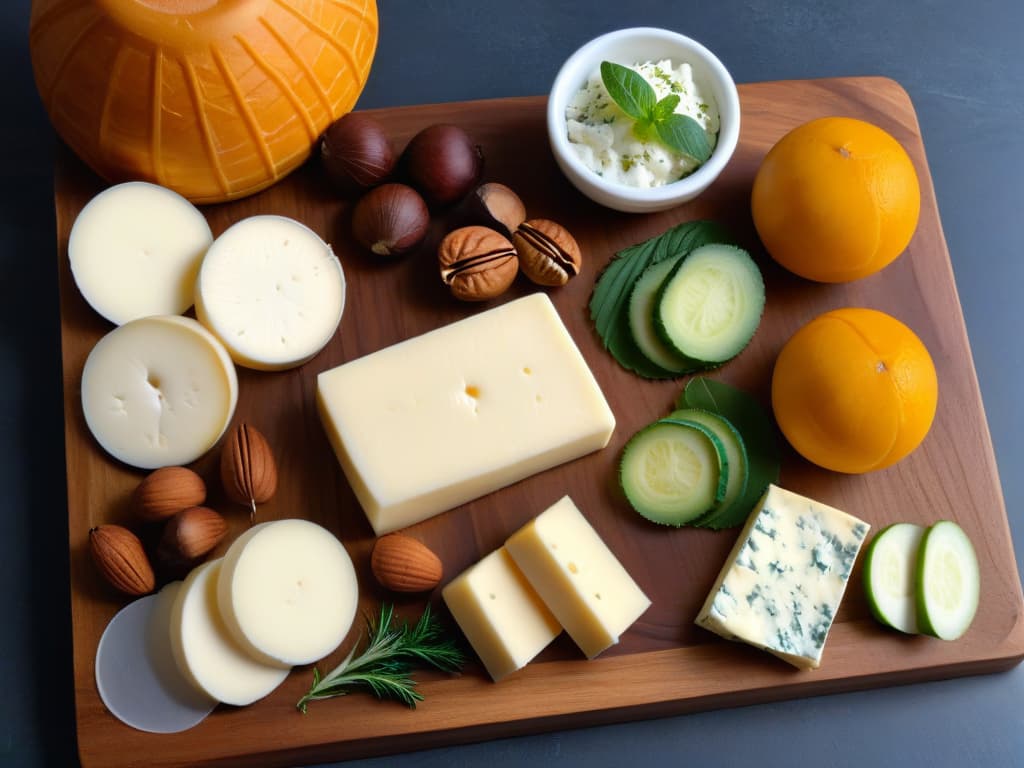  A closeup, ultradetailed image of a variety of dairyfree, lactosefree cheeses arranged on a sleek, modern wooden cheese board. The cheeses vary in color, shape, and texture, showcasing the diversity of options available for those with lactose intolerance. Each cheese is meticulously crafted, with visible herbs, spices, and nuts sprinkled on top, adding a touch of elegance to the presentation. The soft lighting highlights the textures and natural imperfections of the cheeses, inviting the viewer to appreciate the craftsmanship and artistry behind these dairyfree alternatives. hyperrealistic, full body, detailed clothing, highly detailed, cinematic lighting, stunningly beautiful, intricate, sharp focus, f/1. 8, 85mm, (centered image composition), (professionally color graded), ((bright soft diffused light)), volumetric fog, trending on instagram, trending on tumblr, HDR 4K, 8K