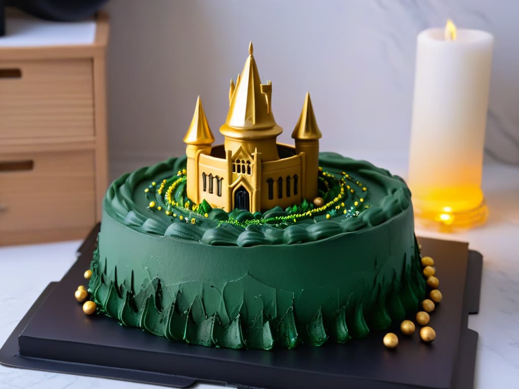  A minimalistic image of a black and gold cake mold shaped like Hogwarts castle, sitting on a white marble countertop with a scattering of golden starshaped sprinkles around it. The mold is intricately detailed, capturing the spires and towers of the magical school, and the lighting is soft, creating gentle shadows that enhance the elegant simplicity of the design. hyperrealistic, full body, detailed clothing, highly detailed, cinematic lighting, stunningly beautiful, intricate, sharp focus, f/1. 8, 85mm, (centered image composition), (professionally color graded), ((bright soft diffused light)), volumetric fog, trending on instagram, trending on tumblr, HDR 4K, 8K