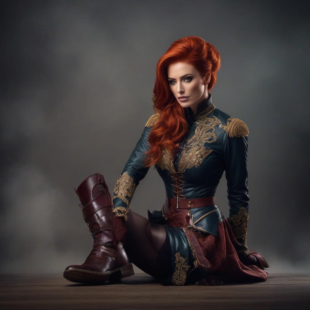  A seven yea , red hair, riding boots, in close up. hyperrealistic, full body, detailed clothing, highly detailed, cinematic lighting, stunningly beautiful, intricate, sharp focus, f/1. 8, 85mm, (centered image composition), (professionally color graded), ((bright soft diffused light)), volumetric fog, trending on instagram, trending on tumblr, HDR 4K, 8K