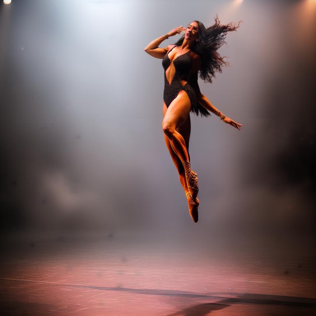  professional dancer expressing emotion through movement, with dramatic lighting hyperrealistic, full body, detailed clothing, highly detailed, cinematic lighting, stunningly beautiful, intricate, sharp focus, f/1. 8, 85mm, (centered image composition), (professionally color graded), ((bright soft diffused light)), volumetric fog, trending on instagram, trending on tumblr, HDR 4K, 8K