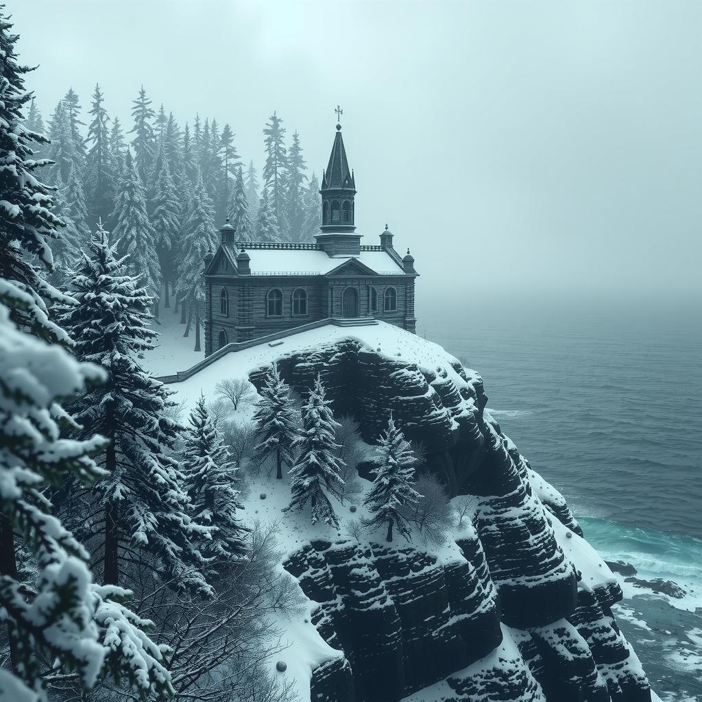  snowy arctic island covered in pine forests just above a stormy sea, the island looms 150 feet over the water in icy, treacherous cliffs, gothic mausoleum stands on the northern end of the island, haunting, 1990s ravenloft art ar 16:9 hyperrealistic, full body, detailed clothing, highly detailed, cinematic lighting, stunningly beautiful, intricate, sharp focus, f/1. 8, 85mm, (centered image composition), (professionally color graded), ((bright soft diffused light)), volumetric fog, trending on instagram, trending on tumblr, HDR 4K, 8K