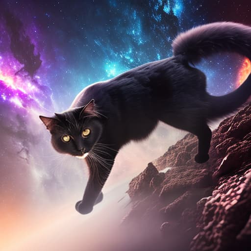  black cat on a background of space hyperrealistic, full body, detailed clothing, highly detailed, cinematic lighting, stunningly beautiful, intricate, sharp focus, f/1. 8, 85mm, (centered image composition), (professionally color graded), ((bright soft diffused light)), volumetric fog, trending on instagram, trending on tumblr, HDR 4K, 8K