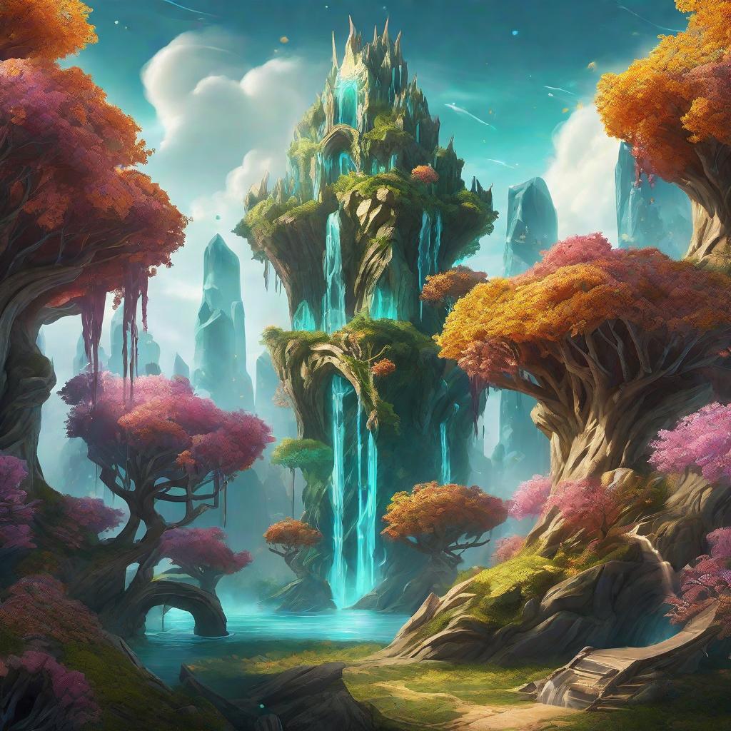  masterpiece, best quality, Design a surreal tower where ancient trees merge with glowing crystals and flowing waterfalls. Incorporate surreal elements like floating islands and shifting landscapes. Visualize abilities like summoning spectral vines or conjuring storms of elemental energy.