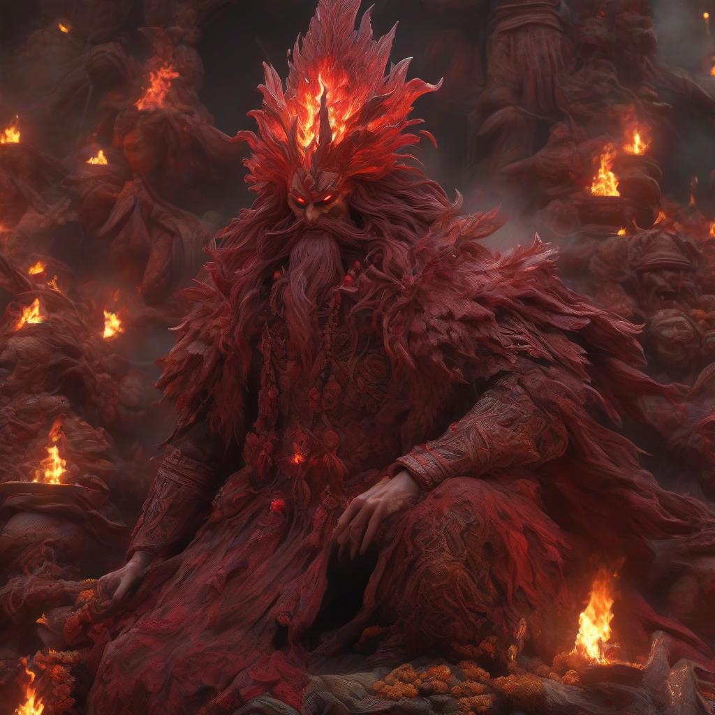  horror themed Elemental of fire, spirit of fire, man, Asian, red skin, red hair, red eyes, crown, decorations, stands in the flame, mysticism, fantasy, god of fire . eerie, unsettling, dark, spooky, suspenseful, grim, highly detailed hyperrealistic, full body, detailed clothing, highly detailed, cinematic lighting, stunningly beautiful, intricate, sharp focus, f/1. 8, 85mm, (centered image composition), (professionally color graded), ((bright soft diffused light)), volumetric fog, trending on instagram, trending on tumblr, HDR 4K, 8K