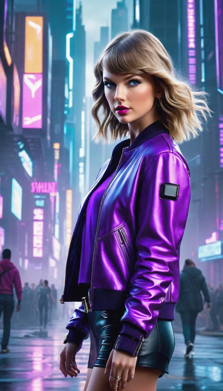  Cyberpunk style depiction of Taylor Swift wearing purple casual wear. The scene is set in a world where technology has advanced, but society and human conditions have not, creating a gritty, dystopian atmosphere. hyperrealistic, full body, detailed clothing, highly detailed, cinematic lighting, stunningly beautiful, intricate, sharp focus, f/1. 8, 85mm, (centered image composition), (professionally color graded), ((bright soft diffused light)), volumetric fog, trending on instagram, trending on tumblr, HDR 4K, 8K