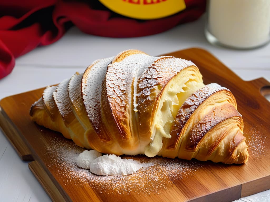  A closeup, ultradetailed image of a perfectly golden and flaky croissant, fresh out of the oven, resting on a rustic wooden cutting board with a sprinkle of powdered sugar on top. The light cascades beautifully on the croissant, highlighting its delicate layers and inviting texture. hyperrealistic, full body, detailed clothing, highly detailed, cinematic lighting, stunningly beautiful, intricate, sharp focus, f/1. 8, 85mm, (centered image composition), (professionally color graded), ((bright soft diffused light)), volumetric fog, trending on instagram, trending on tumblr, HDR 4K, 8K