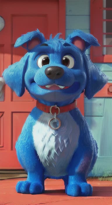  {Max the big blue dog standing in front of a cozy little house with a red door, The big blue dog is large with sky blue fur, big round eyes, a black nose, and floppy ears.