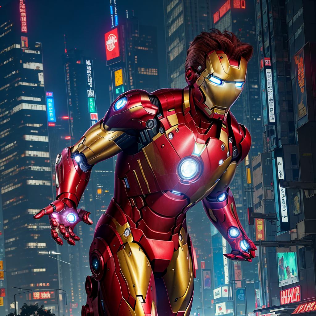  masterpiece, best quality, masterpiece, 8k resolution, realistic, highly detailed, Iron Man close-up. He stands on a street lined with tall buildings in a cyberpunk style city at night. The city's night lights are bright, and the surrounding buildings and streets are full of cyberpunk elements such as neon lights, high-tech equipment and futuristic architectural design.