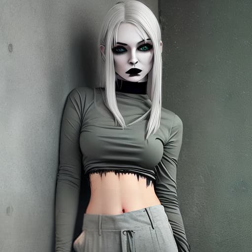  1girl, silver hair, green eyes, grey T-shirt, red saggy pants, Gothic makeup