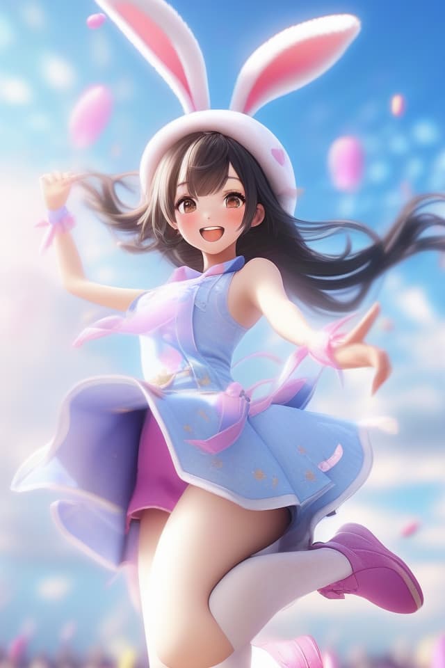  ((Bunny girl,beautiful girl)){black hair,(Forehead),twin tail hair,dazzling smile,bonbons in both hands,arms outstretched,jumping sky high,dancing}((super details))8k,high resolution,absurd,employed,delicately composed,detailed,exquisitely detailed,bold composition,cinematic angles,dynamic angles,top quality,masterpiece,