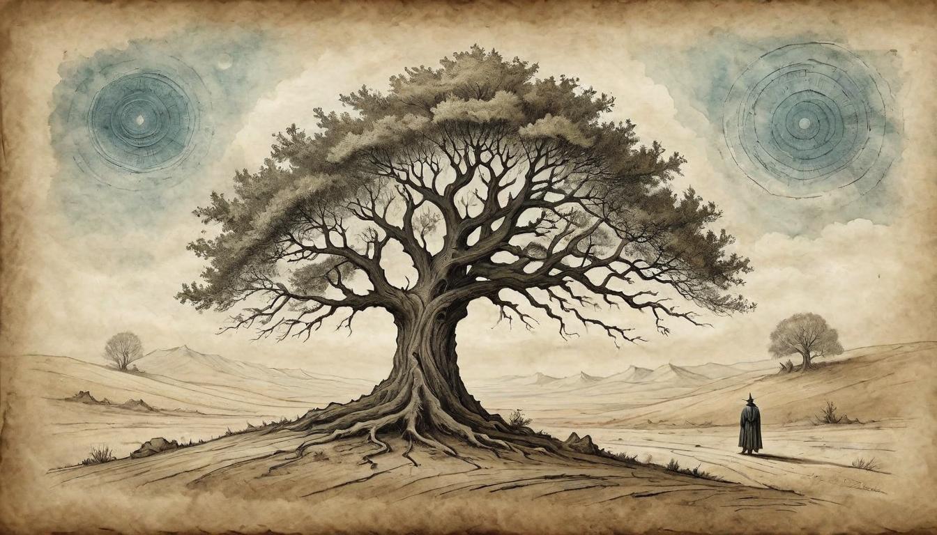  on parchment, surrealism+++, A lone tree standing resiliently in a desolate landscape, growth rings visible, endurance, personal history, overcoming(mysterious, provocative, symbolic,muted color)+++