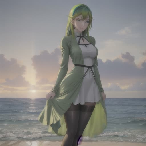  green eyed anime girl on the beach hyperrealistic, full body, detailed clothing, highly detailed, cinematic lighting, stunningly beautiful, intricate, sharp focus, f/1. 8, 85mm, (centered image composition), (professionally color graded), ((bright soft diffused light)), volumetric fog, trending on instagram, trending on tumblr, HDR 4K, 8K