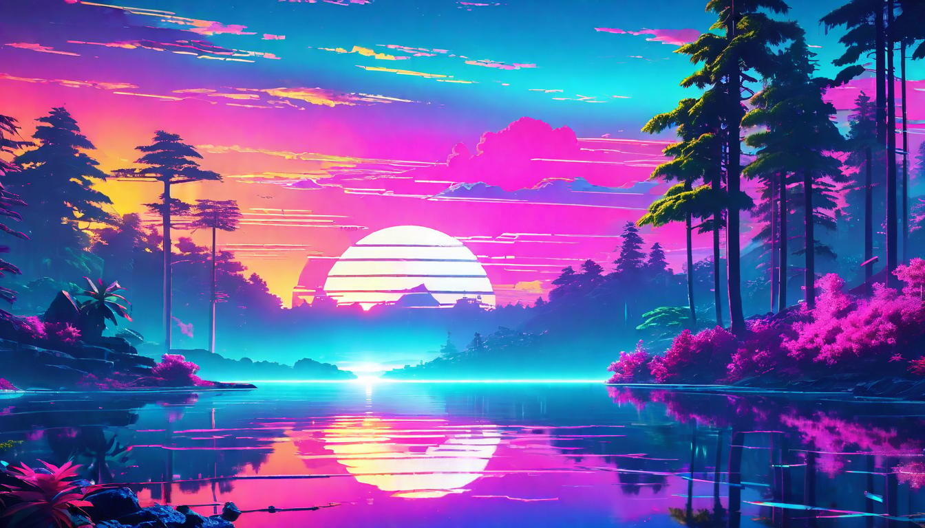  vaporwave,cyberpunk game style Sunrise over a tranquil lake, first rays breaking the night's stillness, symbolizing transformative renewal and the impact of positive shift in being.eon, dystopian, futuristic, digital, vibrant, detailed, high contrast, reminiscent of cyberpunk genre video games,retro aesthetic, cyberpunk, vibrant, neon colors, vintage 80s and 90s style, highly detailed