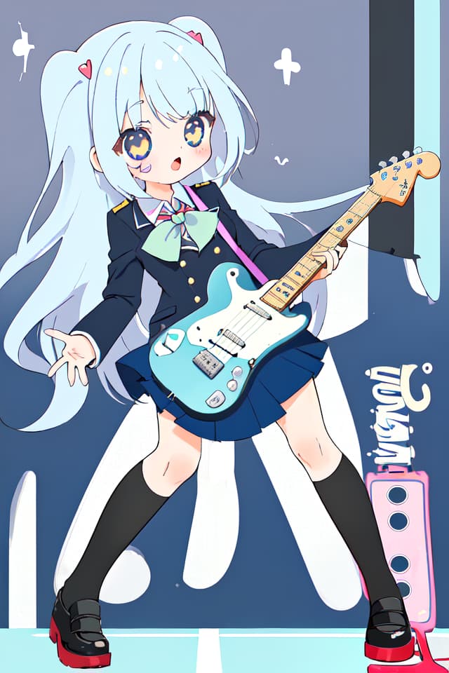  High school girl, mini character, cute, electric guitar, long hair, uniform