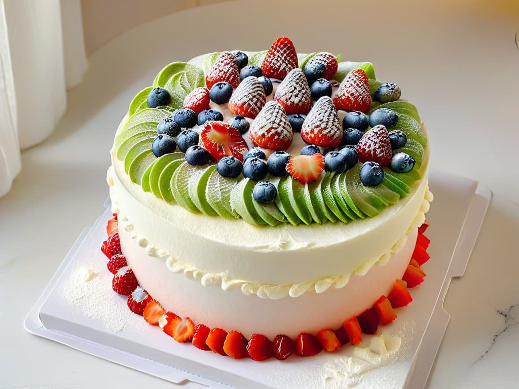  An ultradetailed image of a hand elegantly piping swirls of pastelcolored frosting onto a perfectly frosted cake, with vibrant summer fruits like strawberries, blueberries, and kiwi slices neatly arranged on top. The background is a clean, white marble countertop with a scattering of powdered sugar, and a subtle glimmer of sunlight filtering through a nearby window, highlighting the intricate details of the dessert. hyperrealistic, full body, detailed clothing, highly detailed, cinematic lighting, stunningly beautiful, intricate, sharp focus, f/1. 8, 85mm, (centered image composition), (professionally color graded), ((bright soft diffused light)), volumetric fog, trending on instagram, trending on tumblr, HDR 4K, 8K