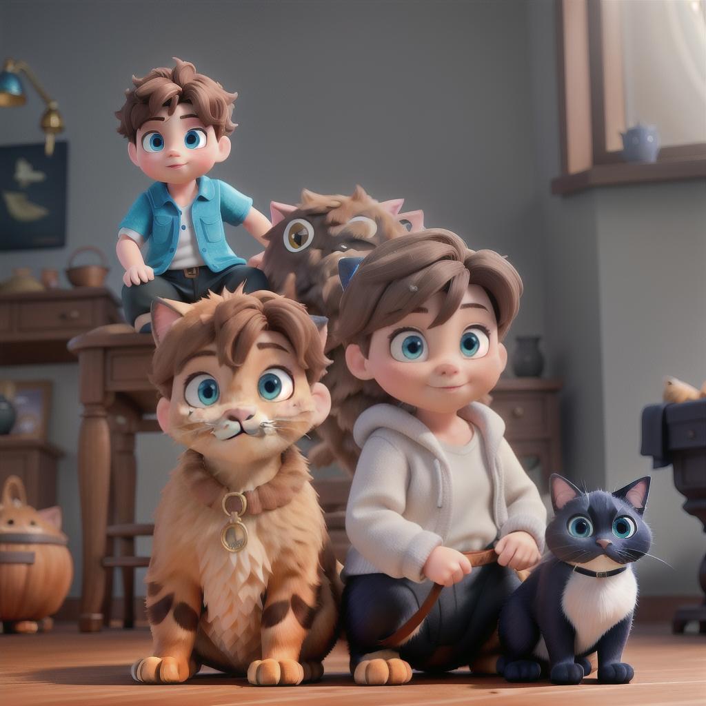  Disney baby boy with brown hair and blue eyes sitting with a fat black cat and a ginger and white cat hyperrealistic, full body, detailed clothing, highly detailed, cinematic lighting, stunningly beautiful, intricate, sharp focus, f/1. 8, 85mm, (centered image composition), (professionally color graded), ((bright soft diffused light)), volumetric fog, trending on instagram, trending on tumblr, HDR 4K, 8K