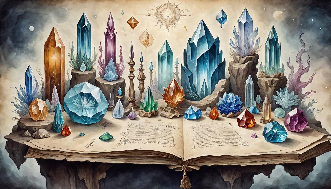  on parchment, surrealism+++, Table filled with a variety of crystals, each one emitting faint ethereal light, arranged in intricate patterns, cosmic, serene, radiant(mysterious, provocative, symbolic,muted color)+++