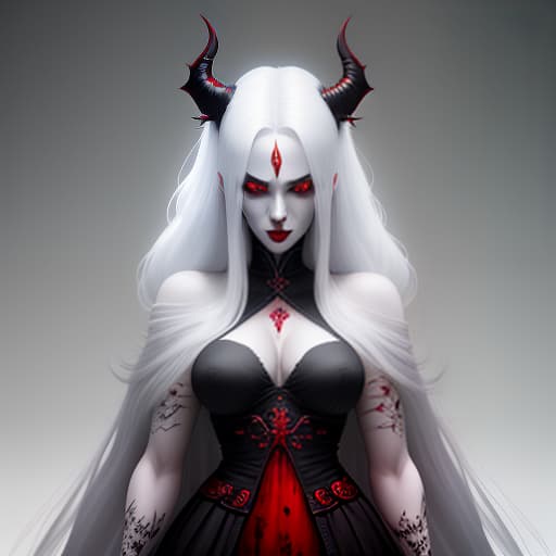  A Monk woman with white long hair, red eyes, and a black lipstick that is a demon., dark , creepy , blood , monsters , by Jason Engle , Carlos Huante , Charlie Bowater , Simon Lee , Brom hyperrealistic, full body, detailed clothing, highly detailed, cinematic lighting, stunningly beautiful, intricate, sharp focus, f/1. 8, 85mm, (centered image composition), (professionally color graded), ((bright soft diffused light)), volumetric fog, trending on instagram, trending on tumblr, HDR 4K, 8K