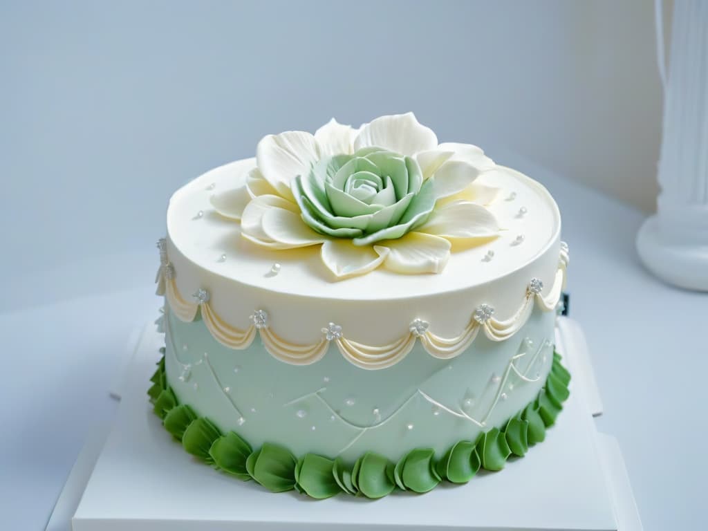  A closeup, ultradetailed image of a beautifully decorated multitiered cake, showcasing intricate piping work, delicate fondant flowers, and shimmering edible pearls. The cake is displayed on a sleek, white marble countertop, with soft, natural light illuminating its exquisite details. hyperrealistic, full body, detailed clothing, highly detailed, cinematic lighting, stunningly beautiful, intricate, sharp focus, f/1. 8, 85mm, (centered image composition), (professionally color graded), ((bright soft diffused light)), volumetric fog, trending on instagram, trending on tumblr, HDR 4K, 8K