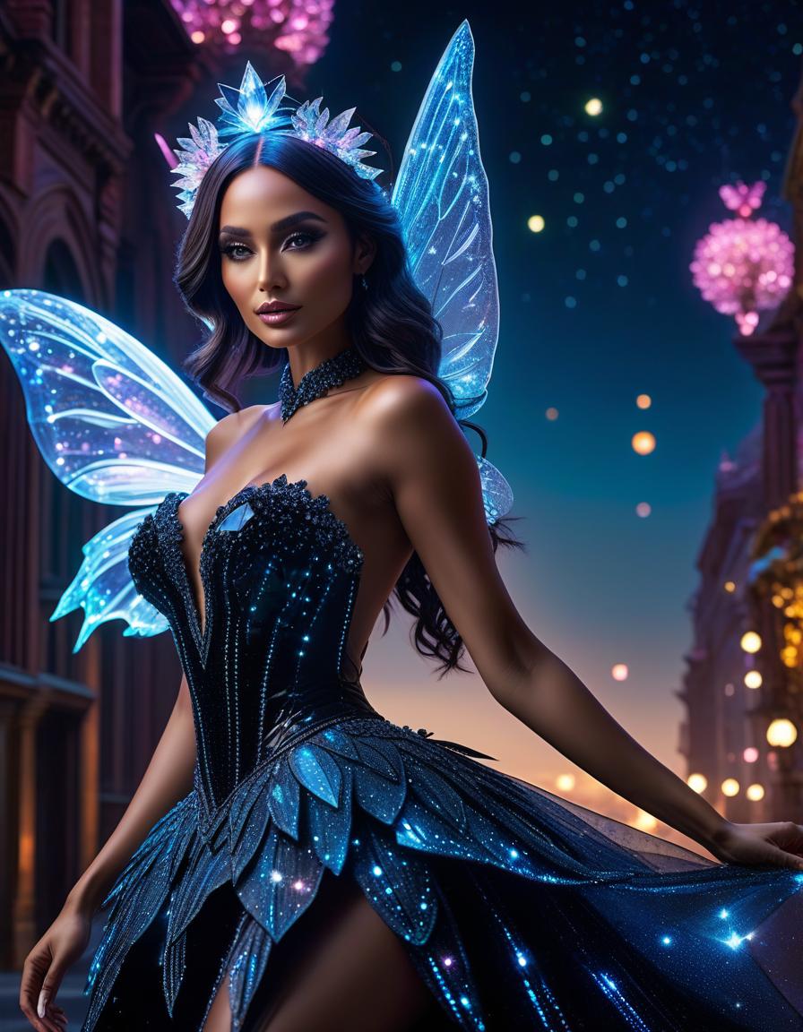  (masterpiece, formal art, rich background: 1.2), Crystal Fairy. Dress made of black crystals. Bioluminescent glow, shimmer, shine. Neon Lights (Sky Full of Stars: 1.2), (Bright Colors: 1.1), 4k HDR hyperrealistic, full body, detailed clothing, highly detailed, cinematic lighting, stunningly beautiful, intricate, sharp focus, f/1. 8, 85mm, (centered image composition), (professionally color graded), ((bright soft diffused light)), volumetric fog, trending on instagram, trending on tumblr, HDR 4K, 8K