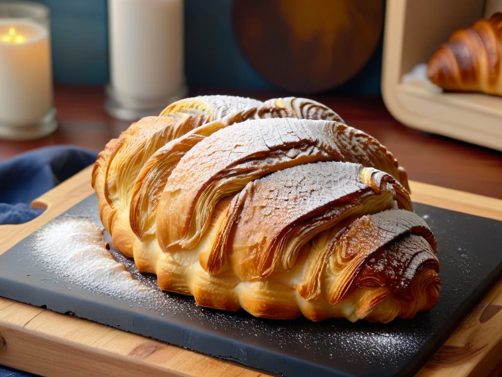  A closeup, ultradetailed image of a perfectly goldenbrown croissant fresh out of the oven, resting on a rustic wooden cutting board, with a light dusting of powdered sugar on top. The flaky layers of the croissant glisten slightly, showcasing the expertly crafted pastry and enticing the viewer with its delicate texture and inviting aroma. hyperrealistic, full body, detailed clothing, highly detailed, cinematic lighting, stunningly beautiful, intricate, sharp focus, f/1. 8, 85mm, (centered image composition), (professionally color graded), ((bright soft diffused light)), volumetric fog, trending on instagram, trending on tumblr, HDR 4K, 8K