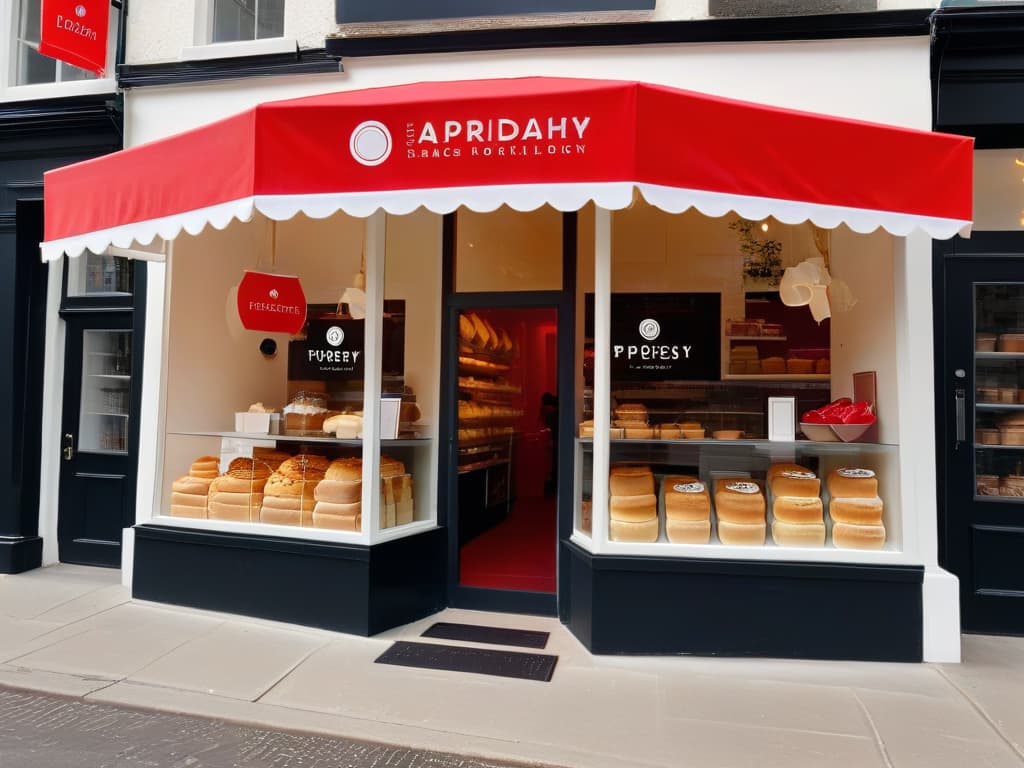  A minimalist image of a sleek, modern bakery storefront showcasing a wide array of beautifully packaged branded merchandise, including aprons, mugs, and tote bags, with a subtle reflection of the logo on the window. The color palette is muted pastels with a pop of vibrant red from a standout product, all set against a clean, uncluttered background to emphasize the unique value proposition of the bakery's merchandising efforts. hyperrealistic, full body, detailed clothing, highly detailed, cinematic lighting, stunningly beautiful, intricate, sharp focus, f/1. 8, 85mm, (centered image composition), (professionally color graded), ((bright soft diffused light)), volumetric fog, trending on instagram, trending on tumblr, HDR 4K, 8K