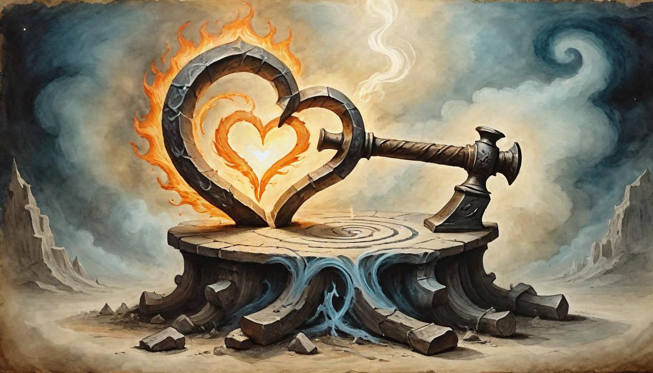  on parchment, surrealism+++, An anvil and hammer glowing with ethereal fire, forging a spiraled heart, alchemical transformation, collective healing(mysterious, provocative, symbolic,muted color)+++