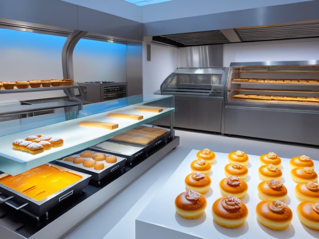  An ultradetailed image showcasing a serene and modern bakery kitchen with sleek countertops, advanced augmented reality equipment like smart glasses and interactive holographic displays, alongside traditional baking tools like rolling pins and mixing bowls. The juxtaposition highlights the integration of augmented reality technology in the traditional art of pastry making, symbolizing innovation and progress in the culinary world. hyperrealistic, full body, detailed clothing, highly detailed, cinematic lighting, stunningly beautiful, intricate, sharp focus, f/1. 8, 85mm, (centered image composition), (professionally color graded), ((bright soft diffused light)), volumetric fog, trending on instagram, trending on tumblr, HDR 4K, 8K