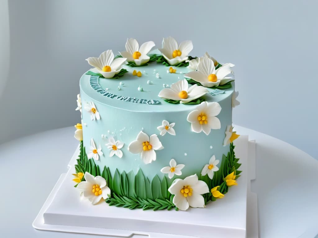  A closeup shot of a beautifully decorated cake featuring intricate piping work, delicate sugar flowers, and elegant fondant details. The cake sits on a sleek, white cake stand against a soft, blurred background, showcasing the precision and artistry of modern cake decorating techniques. The colors are muted and sophisticated, emphasizing the fine craftsmanship and attention to detail in the design. hyperrealistic, full body, detailed clothing, highly detailed, cinematic lighting, stunningly beautiful, intricate, sharp focus, f/1. 8, 85mm, (centered image composition), (professionally color graded), ((bright soft diffused light)), volumetric fog, trending on instagram, trending on tumblr, HDR 4K, 8K