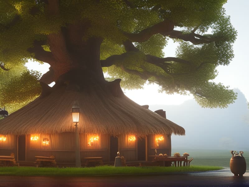  fantasy tavern under a large tree hyperrealistic, full body, detailed clothing, highly detailed, cinematic lighting, stunningly beautiful, intricate, sharp focus, f/1. 8, 85mm, (centered image composition), (professionally color graded), ((bright soft diffused light)), volumetric fog, trending on instagram, trending on tumblr, HDR 4K, 8K