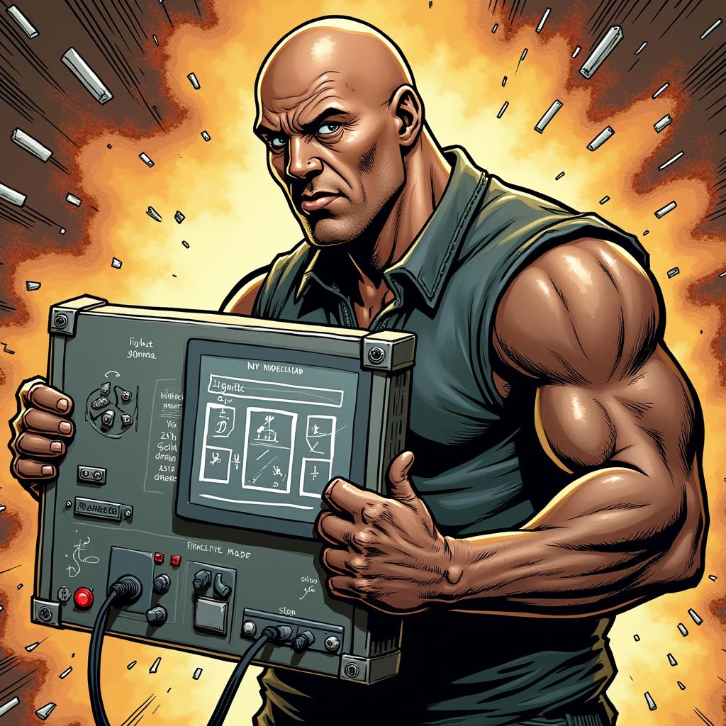  comic style, dwayne johnson holding a board where it displays 'flux controlnet on modelslab'.