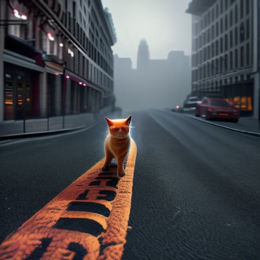 wa-vy style An Orange cat crying ly running on the road of a crowded street and people are walking on either side of the road. hyperrealistic, full body, detailed clothing, highly detailed, cinematic lighting, stunningly beautiful, intricate, sharp focus, f/1. 8, 85mm, (centered image composition), (professionally color graded), ((bright soft diffused light)), volumetric fog, trending on instagram, trending on tumblr, HDR 4K, 8K