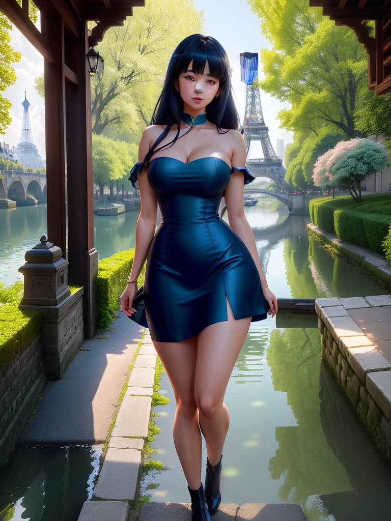  An cute and anime wearing blue china dress, black mid length hair with bangs, bare shoulders, bare arms, exudes feminine charm, greeny eyes with attractive lashes, full subtle mauve lipstick, large s covered by curved fit dress, blush, expression on face Background:picturesque Parisian landscape, the Eiffel Tower in the background, calm river flowing, traditional wooden rowboat moored to the side, old stone bridges, lush green trees in full bloom, historical buildings with clic French architecture, sunlight filtering through leaves, clear blue sky with wispy clouds, romantic and peaceful mood. hyperrealistic, full body, detailed clothing, highly detailed, cinematic lighting, stunningly beautiful, intricate, sharp focus, f/1. 8, 85mm, (centered image composition), (professionally color graded), ((bright soft diffused light)), volumetric fog, trending on instagram, trending on tumblr, HDR 4K, 8K