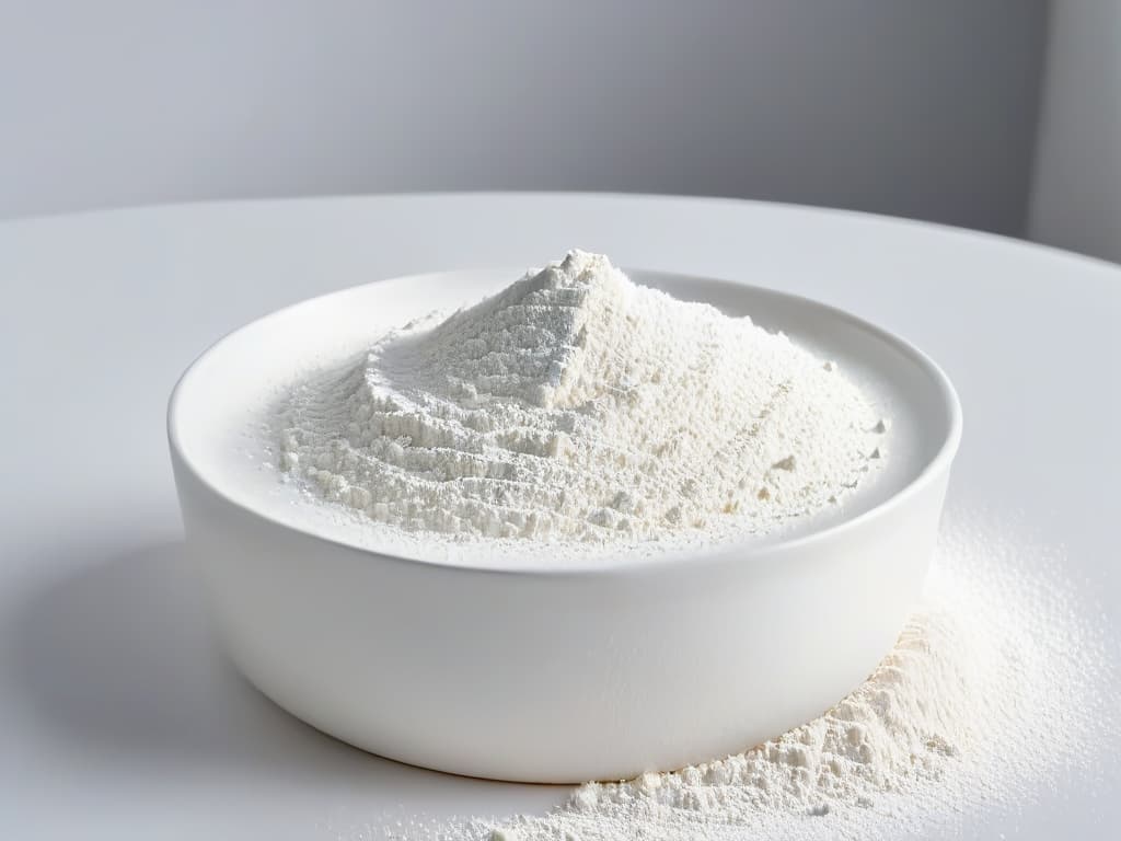  A closeup, ultradetailed image of a pristine white ceramic bowl filled with fluffy, perfectly sifted aluminumfree baking powder. The fine powder is delicately dusted along the edges of the bowl, contrasting beautifully against the smooth surface. The lighting is soft, casting a gentle shadow beneath the bowl, highlighting the purity and quality of the baking essential. hyperrealistic, full body, detailed clothing, highly detailed, cinematic lighting, stunningly beautiful, intricate, sharp focus, f/1. 8, 85mm, (centered image composition), (professionally color graded), ((bright soft diffused light)), volumetric fog, trending on instagram, trending on tumblr, HDR 4K, 8K