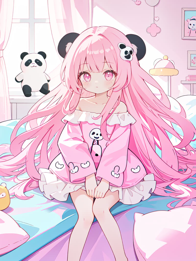  Girl, Pink Long Hair,, Perfect Arms, Perfect Legs, In The Room, Perfect Panda Eye Mask, Cute Pajamas, Not Off Shoulder, masterpiece, best quality,8k,ultra detailed,high resolution,an extremely delicate and beautiful,hyper detail