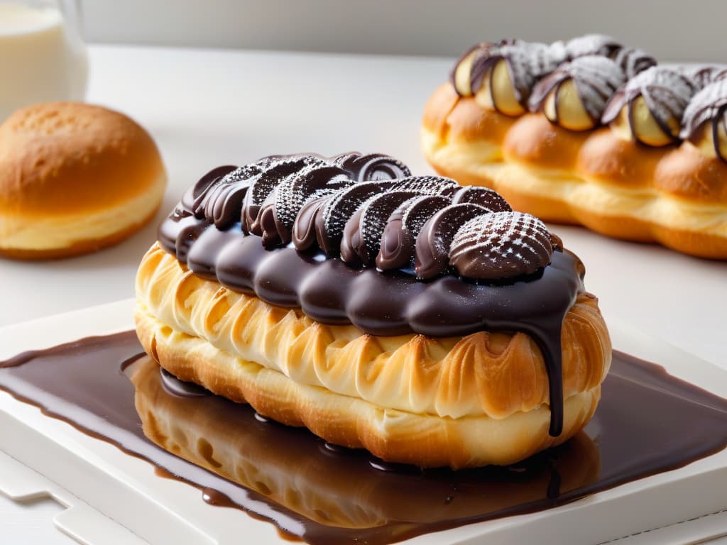  A closeup, ultradetailed image of a perfectly goldenbrown eclair topped with a glossy chocolate glaze, set against a clean, white backdrop. The choux pastry shell is delicate and flaky, while the chocolate glaze shines with a mirrorlike finish, reflecting the light in intricate patterns. Each detail, from the delicate ridges on the eclair to the subtle swirls in the glaze, is captured with stunning clarity, showcasing the exquisite craftsmanship and artistry that goes into creating this classic French dessert. hyperrealistic, full body, detailed clothing, highly detailed, cinematic lighting, stunningly beautiful, intricate, sharp focus, f/1. 8, 85mm, (centered image composition), (professionally color graded), ((bright soft diffused light)), volumetric fog, trending on instagram, trending on tumblr, HDR 4K, 8K