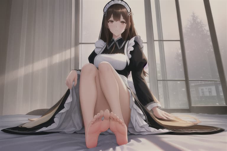  (score 9,score 8 up,score 7 up,),1girl,solo,maid,maid headdress,looking at viewer,apron,brown hair,indoors,black hair,bare foot,feet focus,two feet hyperrealistic, full body, detailed clothing, highly detailed, cinematic lighting, stunningly beautiful, intricate, sharp focus, f/1. 8, 85mm, (centered image composition), (professionally color graded), ((bright soft diffused light)), volumetric fog, trending on instagram, trending on tumblr, HDR 4K, 8K