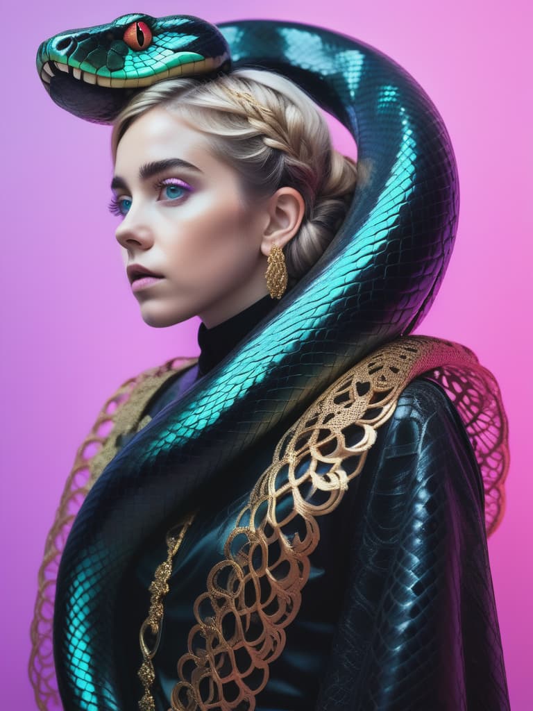  actual 8K portrait photo of gareth person, photo RAW, (Black, petrol, lilac and neon turquoise pink : Portrait of ghostly big black snake, woman, collar, shiny aura, highly detailed, gold filigree, intricate motifs, organic tracery, Kiernan Shipka, Januz Miralles, Hikari Shimoda, glowing stardust by W. Zelmer, perfect composition, smooth, sharp focus, sparkling particles, lively coral reef background Realistic, realism, hd, 35mm photograph, 8k), masterpiece, award winning photography, natural light, perfect composition, high detail, hyper realisticsymmetrical, soft lighting, detailed face, by makoto shinkai, stanley artgerm lau, wlop, rossdraws, concept art, digital painting, looking into camera hyperrealistic, full body, detailed clothing, highly detailed, cinematic lighting, stunningly beautiful, intricate, sharp focus, f/1. 8, 85mm, (centered image composition), (professionally color graded), ((bright soft diffused light)), volumetric fog, trending on instagram, trending on tumblr, HDR 4K, 8K