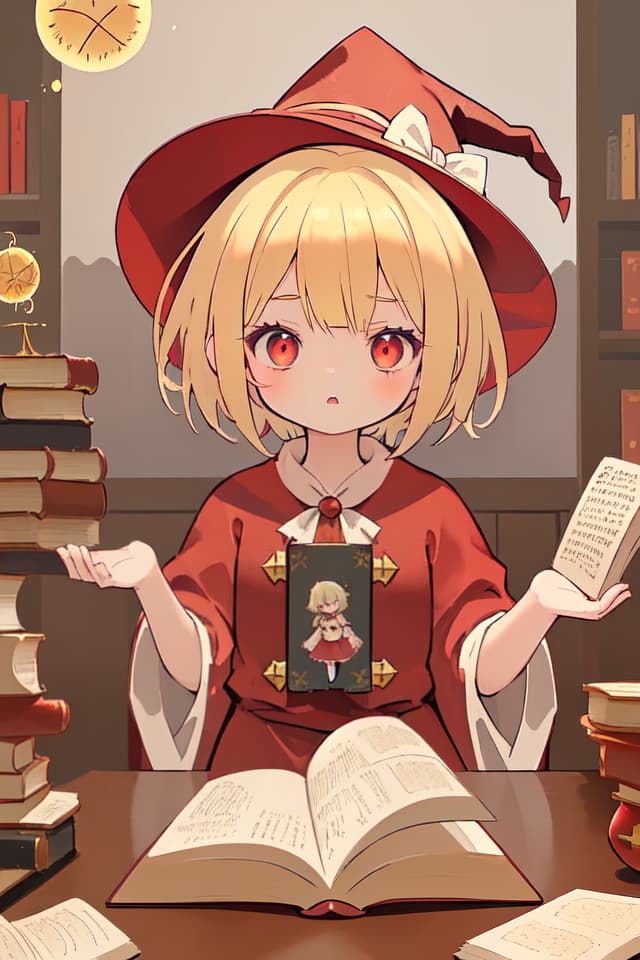  Little girl, blond, short hair, wearing red robe, open magic book, wearing a witch hat