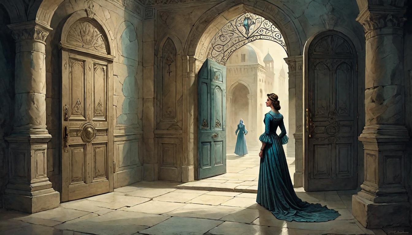  on parchment, surrealism+++, Esther hesitating before a grand door, poised to knock, shadowy corridor, fear, determination(mysterious, provocative, symbolic,muted color)+++