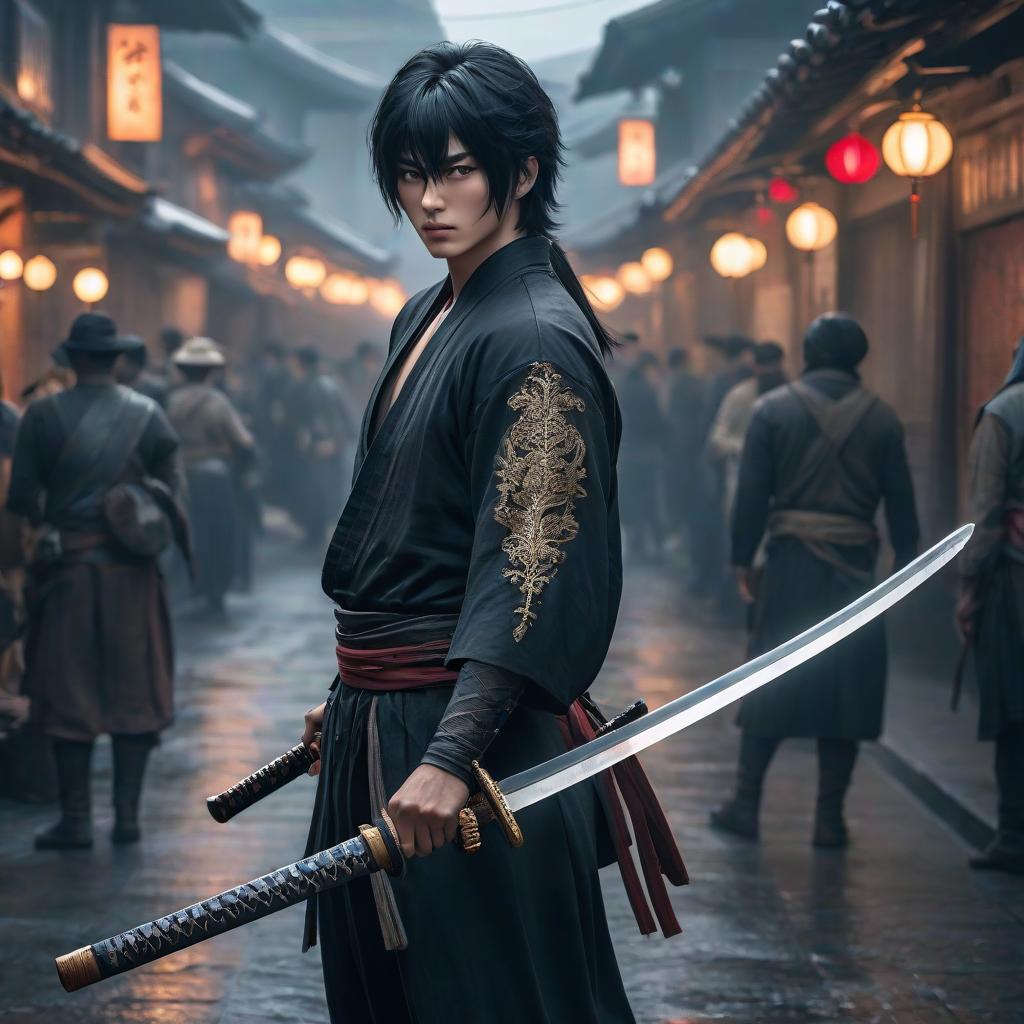  The asked boy with black hair, a piercing through the middle, and a katana. hyperrealistic, full body, detailed clothing, highly detailed, cinematic lighting, stunningly beautiful, intricate, sharp focus, f/1. 8, 85mm, (centered image composition), (professionally color graded), ((bright soft diffused light)), volumetric fog, trending on instagram, trending on tumblr, HDR 4K, 8K