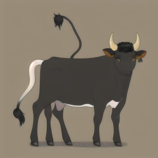  short cow , dark gray skin, big s, bright yellow eyes, beige horns, black cow tail.