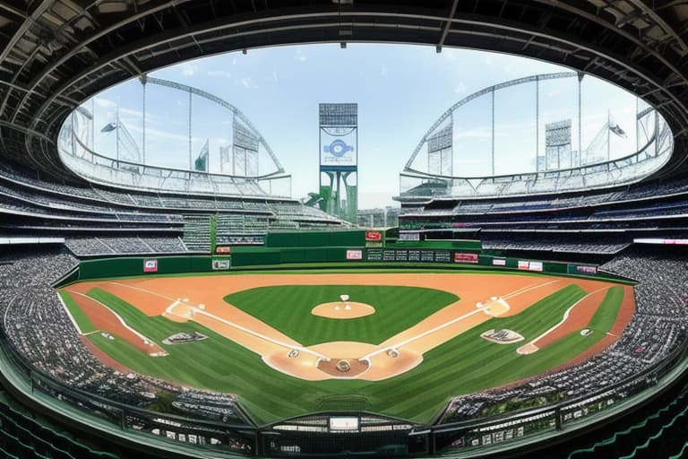  panoramic views of futuristic MLB baseball stadium with a lot of greenery and glass dome