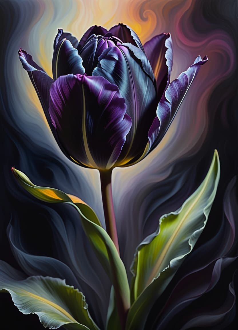  Oil painting. Distant outline. One Mystical black tulip flower. Glowing aura of magic, subtle ornamental patterns on the petals. Glow from within the bud. Witchcraft magic, mysticism. Dark ribbed textures. Background surreal abstractionism, fog, from which intricate patterns on tulip leaves, shimmers of all colours of the rainbow. Fine curls of lines of magic and sorcery: fractal like gradients. Stylistics: strong decorative, neo rococo, fantasy abstraction, surrealism, mysticism, . Swarovski. In the manner of Andrew Jones, Fragonard, Yutaka Kagai, Julie Dillon, Alfonso Mucha, Gustav Klimt. High quality. hyperrealistic, full body, detailed clothing, highly detailed, cinematic lighting, stunningly beautiful, intricate, sharp focus, f/1. 8, 85mm, (centered image composition), (professionally color graded), ((bright soft diffused light)), volumetric fog, trending on instagram, trending on tumblr, HDR 4K, 8K