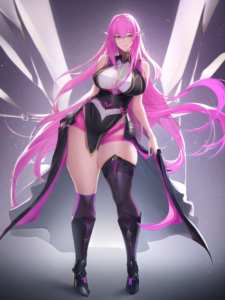  one anime female, Late twenties early thirties, moderately big , Light skin, Purple long hair and pink tips with gradient, s, small with on, shoulders and arms, Fat hips and big legs with continues legs, high black lace stockings, black High heels, Red painted fingernails, feet, full hd, no shine, bright eyes with a smile, ear piercing, black and s, one hand on her under above her s, standing upright, looking into the camera with the head a tilted hyperrealistic, full body, detailed clothing, highly detailed, cinematic lighting, stunningly beautiful, intricate, sharp focus, f/1. 8, 85mm, (centered image composition), (professionally color graded), ((bright soft diffused light)), volumetric fog, trending on instagram, trending on tumblr, HDR 4K, 8K