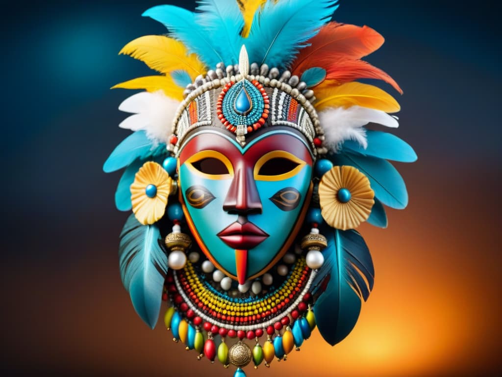  An intricate African tribal mask, crafted with vibrant colors and detailed patterns, symbolizing the cycle of birth, death, and rebirth. The mask is adorned with feathers, beads, and shells, reflecting the rich cultural significance of initiation rituals in African traditions. The background is dimly lit, enhancing the dramatic and cinematic feel of the image. hyperrealistic, full body, detailed clothing, highly detailed, cinematic lighting, stunningly beautiful, intricate, sharp focus, f/1. 8, 85mm, (centered image composition), (professionally color graded), ((bright soft diffused light)), volumetric fog, trending on instagram, trending on tumblr, HDR 4K, 8K