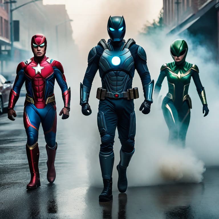  Superhero team fighting alien invasion hyperrealistic, full body, detailed clothing, highly detailed, cinematic lighting, stunningly beautiful, intricate, sharp focus, f/1. 8, 85mm, (centered image composition), (professionally color graded), ((bright soft diffused light)), volumetric fog, trending on instagram, trending on tumblr, HDR 4K, 8K