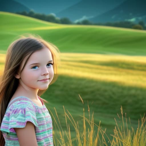  girl background hills and sun rise grassy green