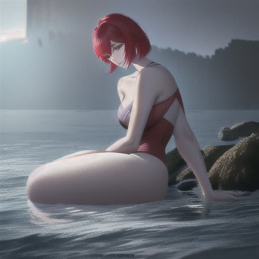  Mermaid , siren core , short red hair , bangs , round face hyperrealistic, full body, detailed clothing, highly detailed, cinematic lighting, stunningly beautiful, intricate, sharp focus, f/1. 8, 85mm, (centered image composition), (professionally color graded), ((bright soft diffused light)), volumetric fog, trending on instagram, trending on tumblr, HDR 4K, 8K