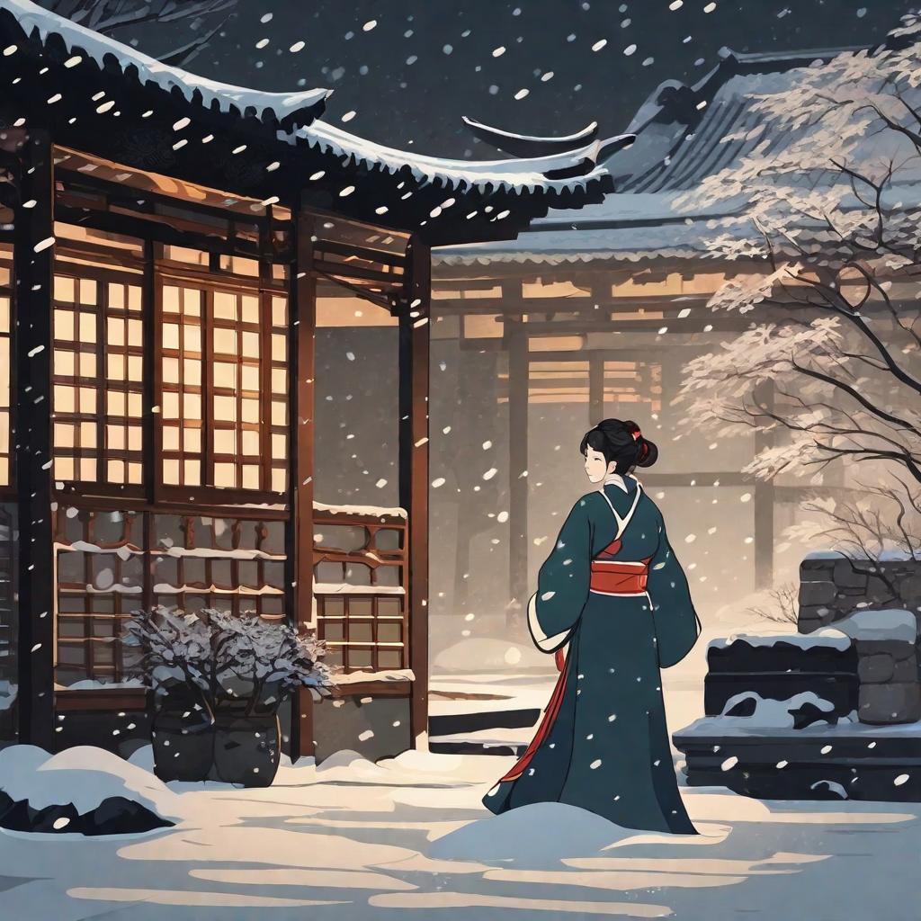  masterpiece, best quality,Ancient costume style, snow scene at night, a dilapidated small courtyard, a woman dressed in shabby Japanese and Chinese clothes lying on the ground, the courtyard is covered with fine snow, dim lighting, sad atmosphere, 16:9 ratio